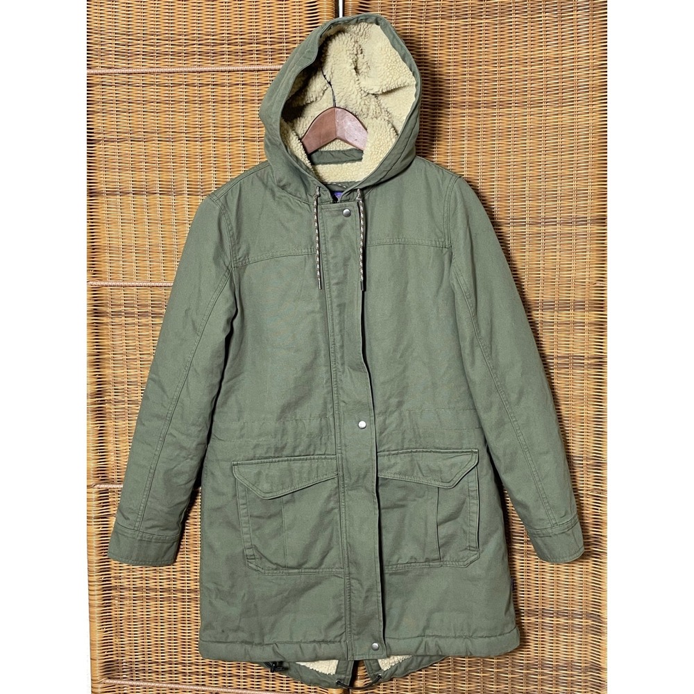 Patagonia Prairie Dawn Parka Jacket Green Fleece Lined Hooded Canvas Womens S